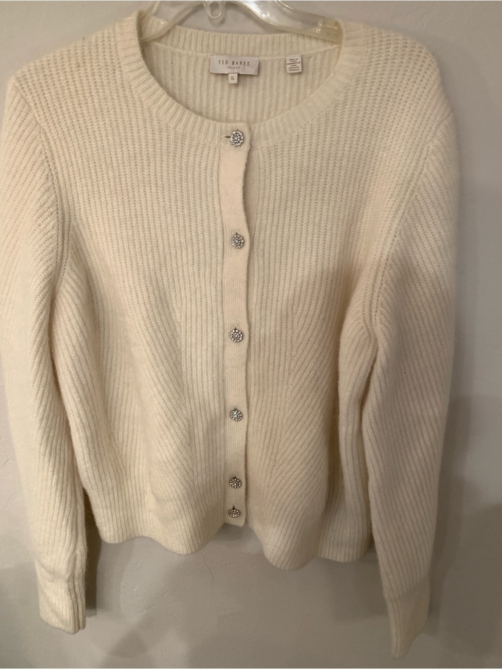 Ted Baker Cream Ribbed Rhinestone Jewel-Button Cardigan Size 5 US 14 no flaw